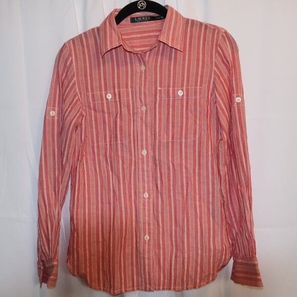 Lauren Ralph Lauren Blouse Size PXS Red white stripe, pearl buttons - Picture 13 of 13